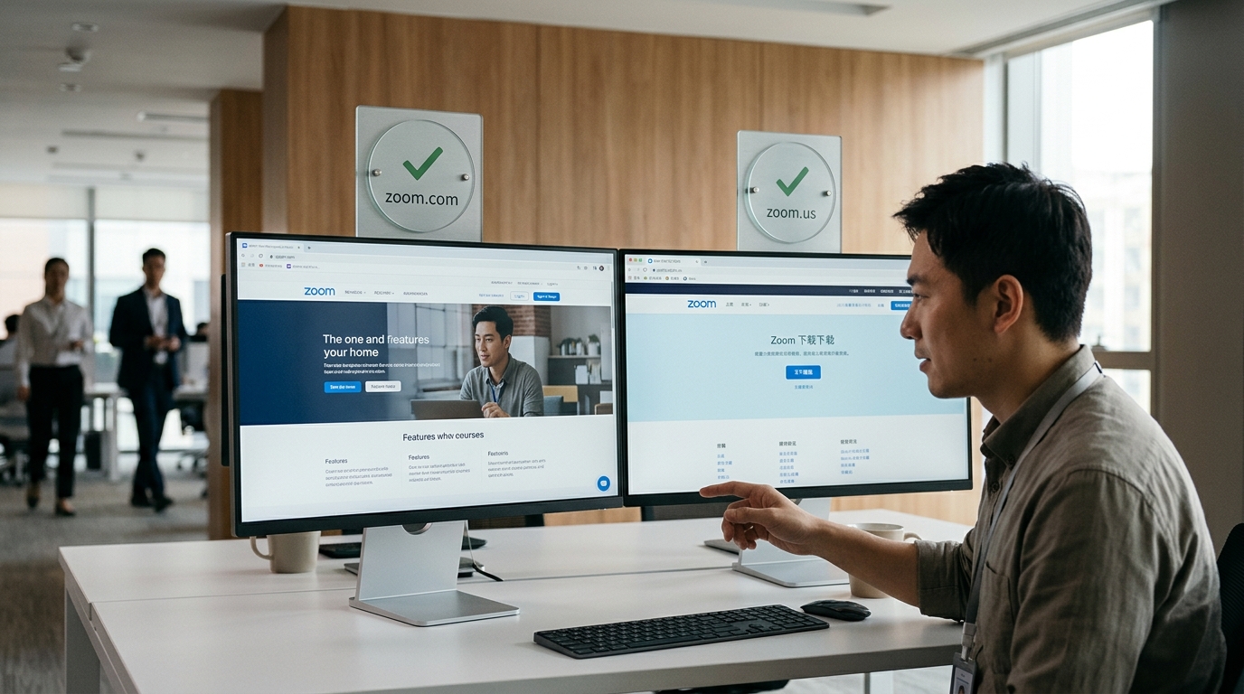 zoom官网正确入口 zoom.com 与 zoom.us 中文下载页对比