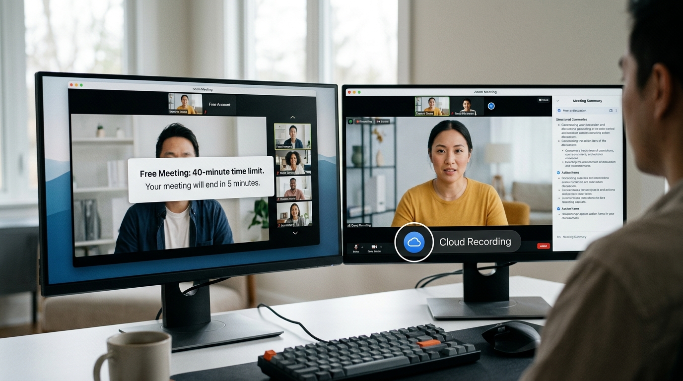 Zoom 免费版 40 分钟限制与付费版云录制 AI 摘要功能对比